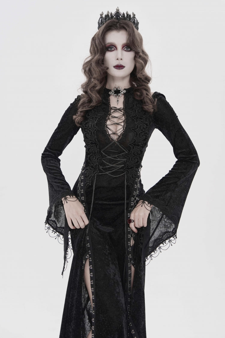 Black Halterneck Long Trumpet Sleeves Hanayome Lace Lace-Up Slim Chain-Decorated Women's Gothic Dress Plunging Split Maxi Dress - Product - 6