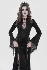 Black Halterneck Long Trumpet Sleeves Hanayome Lace Lace-Up Slim Chain-Decorated Women's Gothic Dress Plunging Split Maxi Dress - Product - 6
