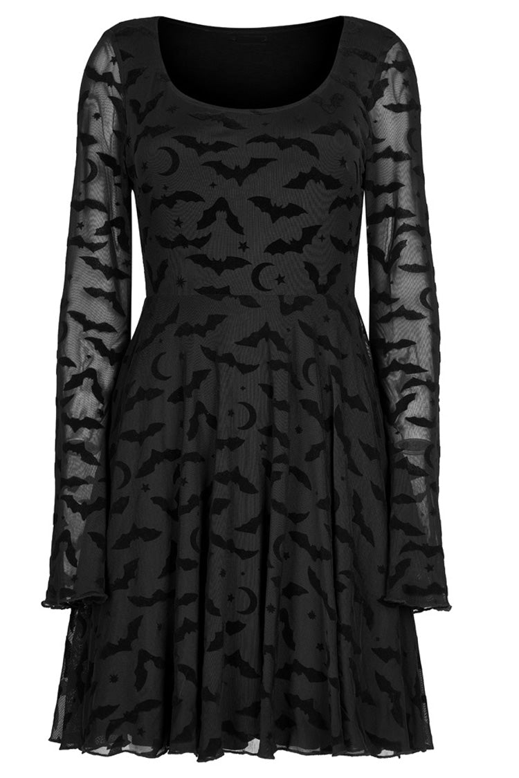Black Minimalist Flared Sleeve Bat Moon Flocking Print Pattern Long Sleeves Punk Women's Dress - Product - 5