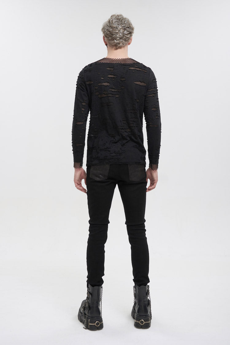 Black Diamond Mesh Irregular Hole Long-Sleeved Men's Punk T-Shirt - Product - 6