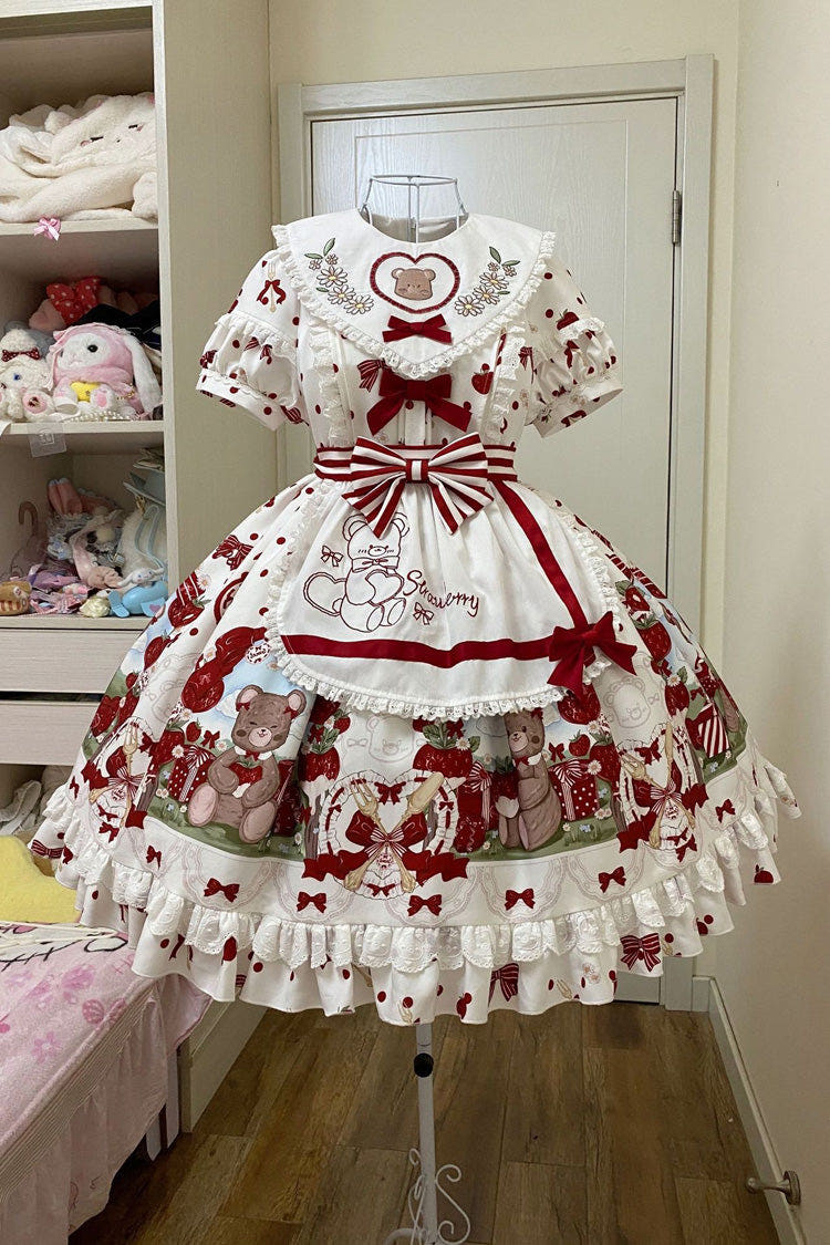 Red/White Short Sleeves Strawberry Bear Print Ruffle Bowknot Sweet Plus Size Lolita Dress - Red/White - 1