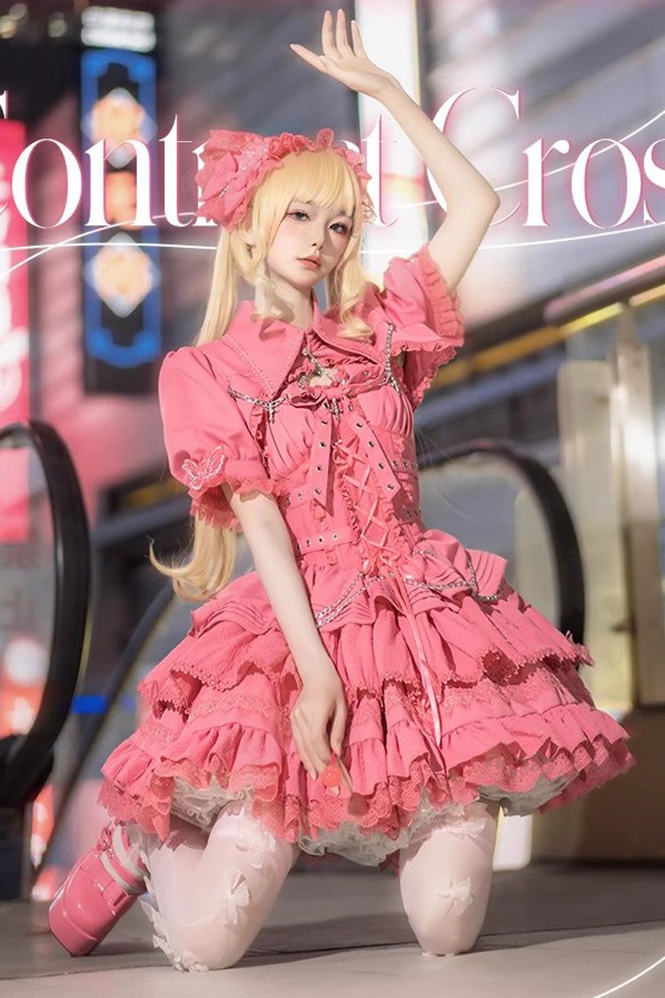 [Covenant Cross] Sleeveless Triple-Layered Ruffle Bowknot Lace-Up Gothic Lolita Jsk Dress 6 Colors - Pink - 12