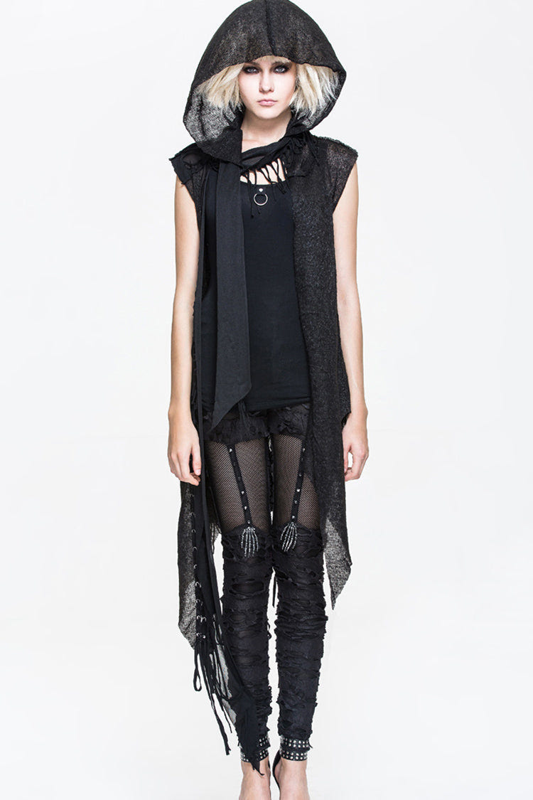 Black Asymmetrical Hole Wool Knit Women's Punk Hooded Shawl - Black - 1