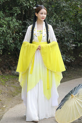 White/Yellow High Waisted Gradient Embroidery Irregular Women's Sweet Hanfu Dress Full Set - Product - 3
