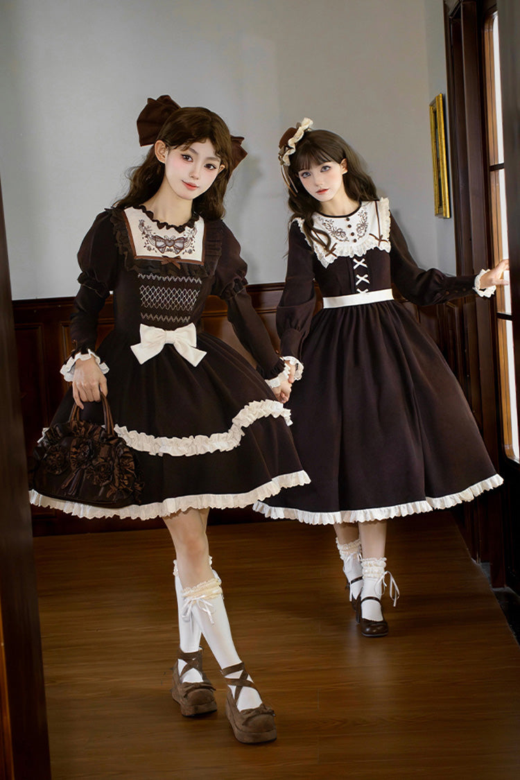 Brown [Miss Brown] Long Sleeves Double-Layered Ruffle Bouquet Embroidery Bowknot Sweet Lolita Dress (Short Version) - Product - 9