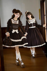 Brown [Miss Brown] Long Sleeves Double-Layered Ruffle Bouquet Embroidery Bowknot Sweet Lolita Dress (Short Version) - Product - 9