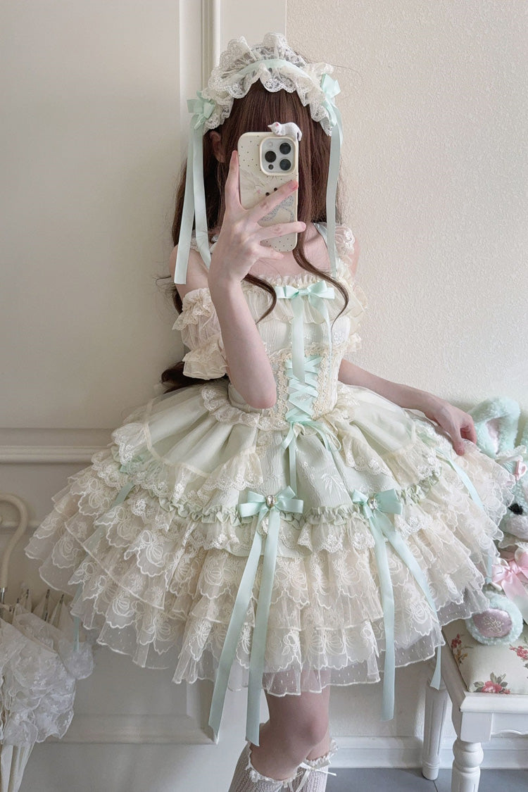 Green [Ribbon Heart Love] Sleeveless Multi-Layered Ruffle Bowknot Lace Lace-Up Sweet Princess Ballet Lolita Jsk Dress - Product - 3