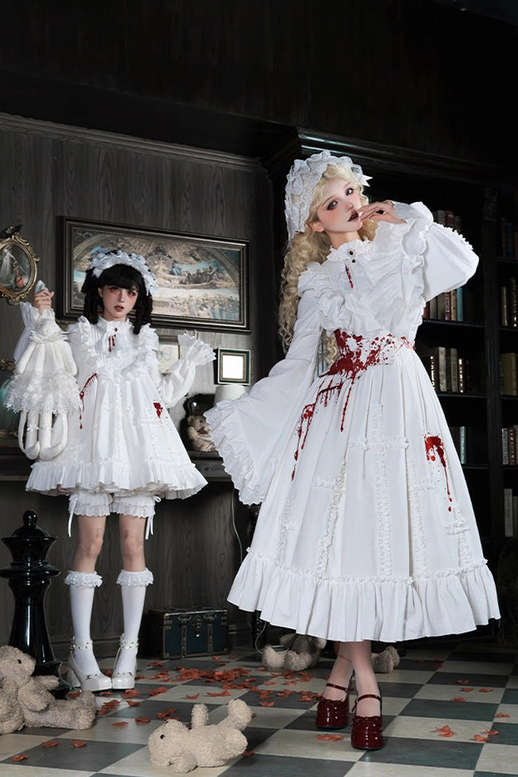 White [Cross Doll] Long Hime Sleeves Ruffle Lace Gothic Lolita Dress Set 2 Versions - Product - 2