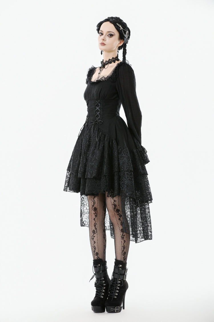 Black Square Collar Long Trumpet Sleeves Lace Lace-Up Multi-Layered High-Low Women's Gothic Dress - Product - 8