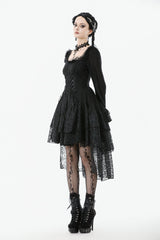 Black Square Collar Long Trumpet Sleeves Lace Lace-Up Multi-Layered High-Low Women's Gothic Dress - Product - 8