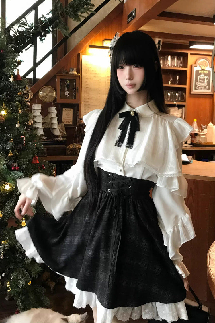 Black/White Long Sleeves Plaid Printed Lace Lace-Up Sweet Jirai Kei Skirt Set - Product - 12