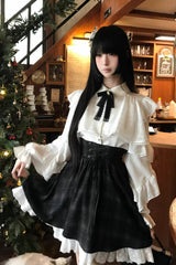 Black/White Long Sleeves Plaid Printed Lace Lace-Up Sweet Jirai Kei Skirt Set - Product - 12