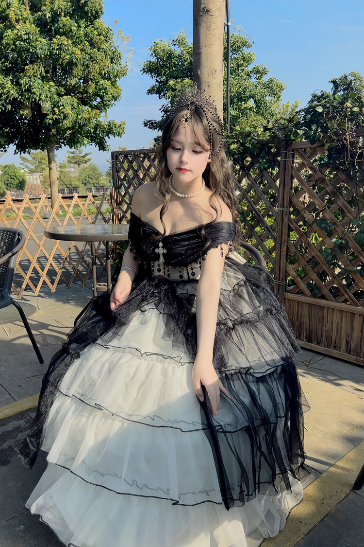 Black/White Ruffle Hanayome Lace Lace-Up Gothic Plus Size Lolita Jsk Dress (Long Version) - Product - 6