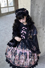 Black [The Case of the Missing Lamb] Print Long Sleeves Ruffle Bowknot Lace Gothic Lolita Dress - Product - 14