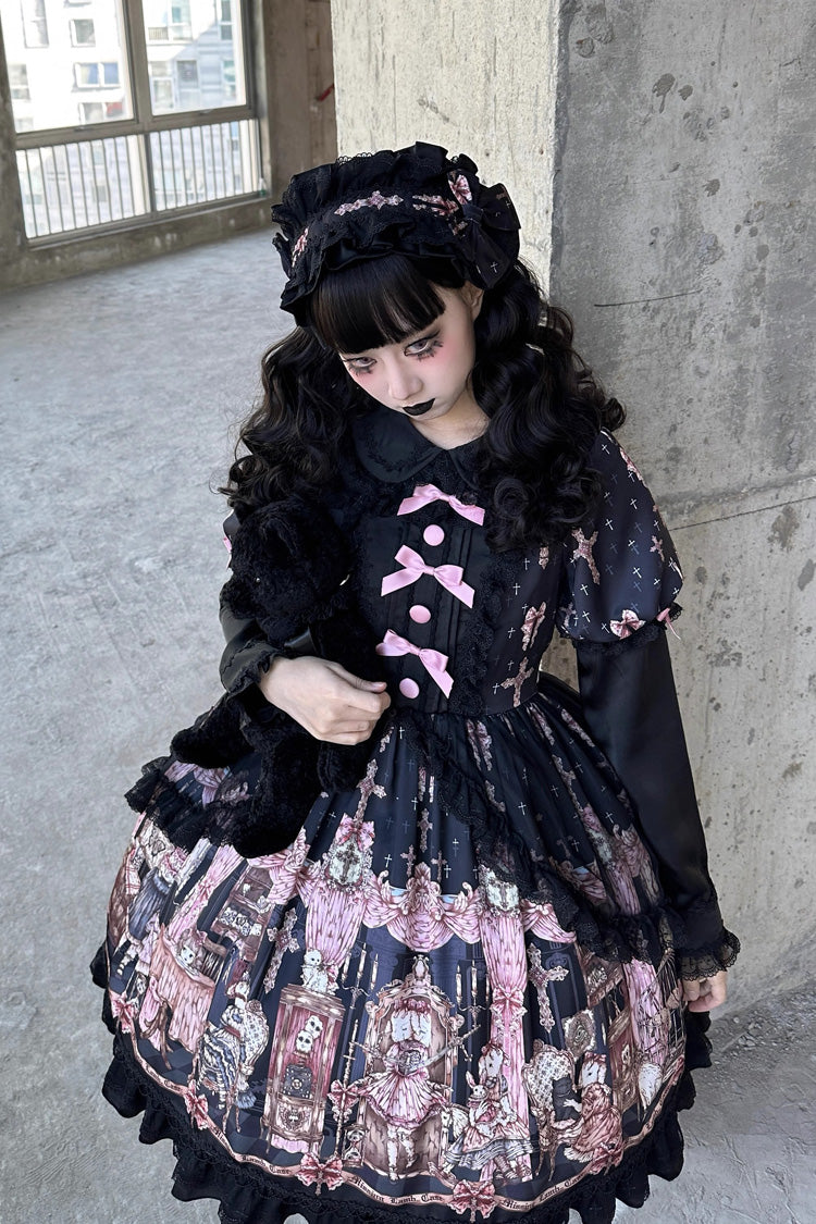Black [The Case of the Missing Lamb] Print Long Sleeves Ruffle Bowknot Lace Gothic Lolita Dress - Product - 14