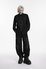 Black Lapel Collar Long Sleeves Zippered Men's Punk Cool Shirt - Black - 1
