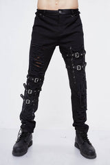 Black Asymmetric Loops Ragged Punk Rock Broken Holes Bandage Mens Pants - Black - 1