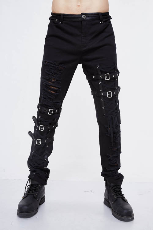 Black Asymmetric Loops Ragged Punk Rock Broken Holes Bandage Mens Pants - Black - 1