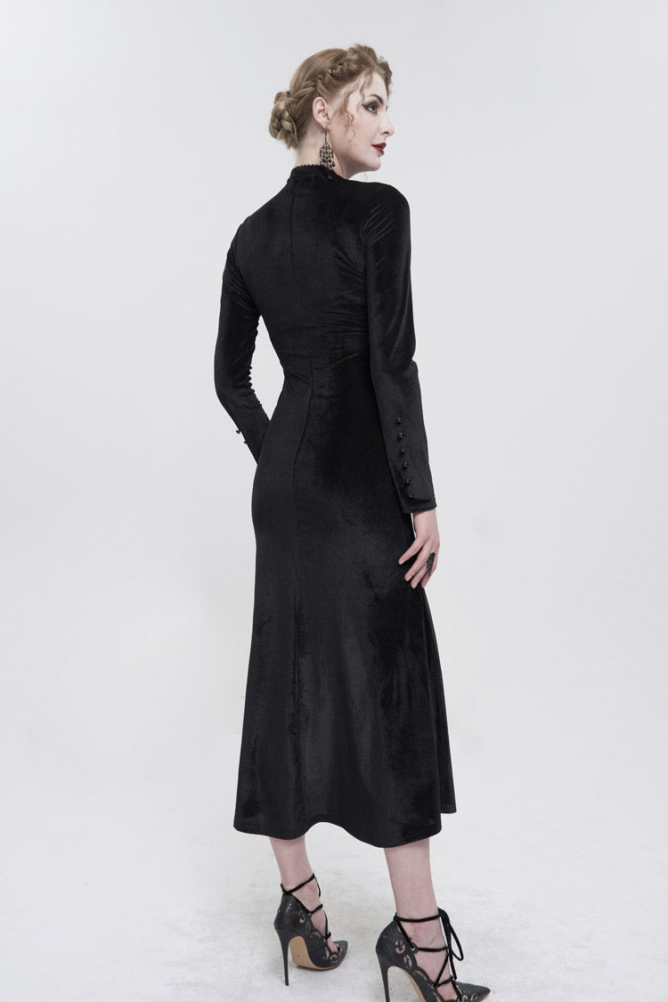 Black Small Stand Collar Cashew Paisley Lace On Chest Mesh Paneled Asymmetrical Hem Long Sleeve Women's Gothic Dress - Product - 6