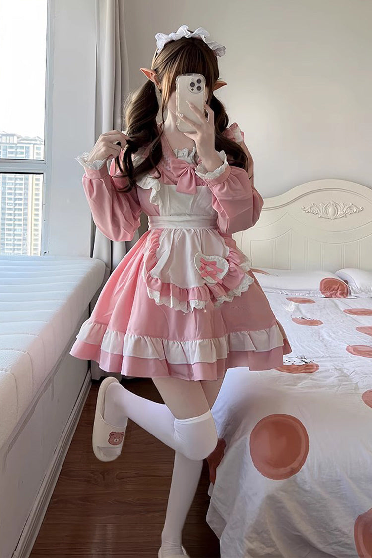 Pink Maid Long Sleeves Ruffle Bowknot Sailor Sweet Plus Size Lolita Dress Full Set - Product - 5