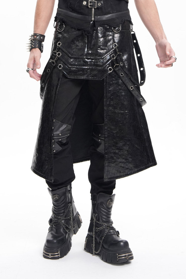 Black Faux Leather Stitching Eyelets Strap Rings Men's Gothic Skirt - Product - 3