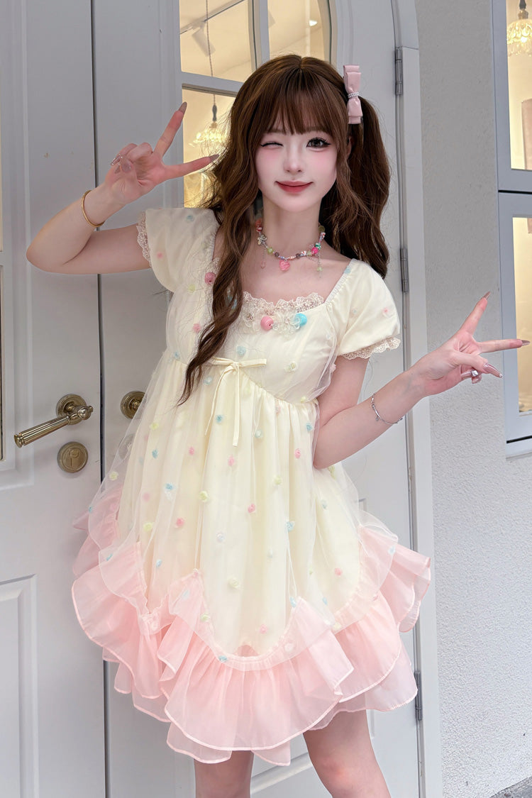 Apricot/Pink [Bubble Lover] Short Puff Sleeves Multi-Layered Ruffle Lace Sweet Princess Lolita Dress - Apricot/Pink - 1