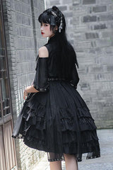 Dark Boat Neck Dragon Print Chinese Style High Waisted Multi-Layer Ruffled Gothic Lolita Jsk Dress - Product - 6