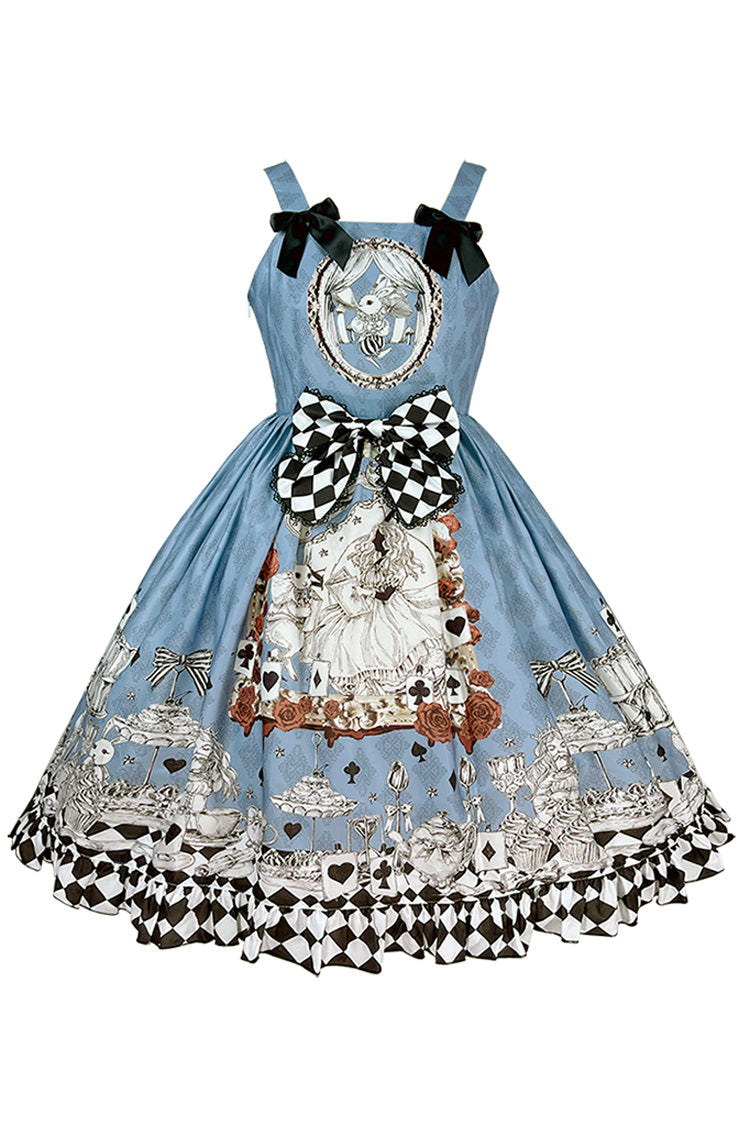 Multi-Color Blue Alice Bunny and Princess Party Print Sleeveless Bowknot Classic Gothic Lolita JSK Dress - Product - 2