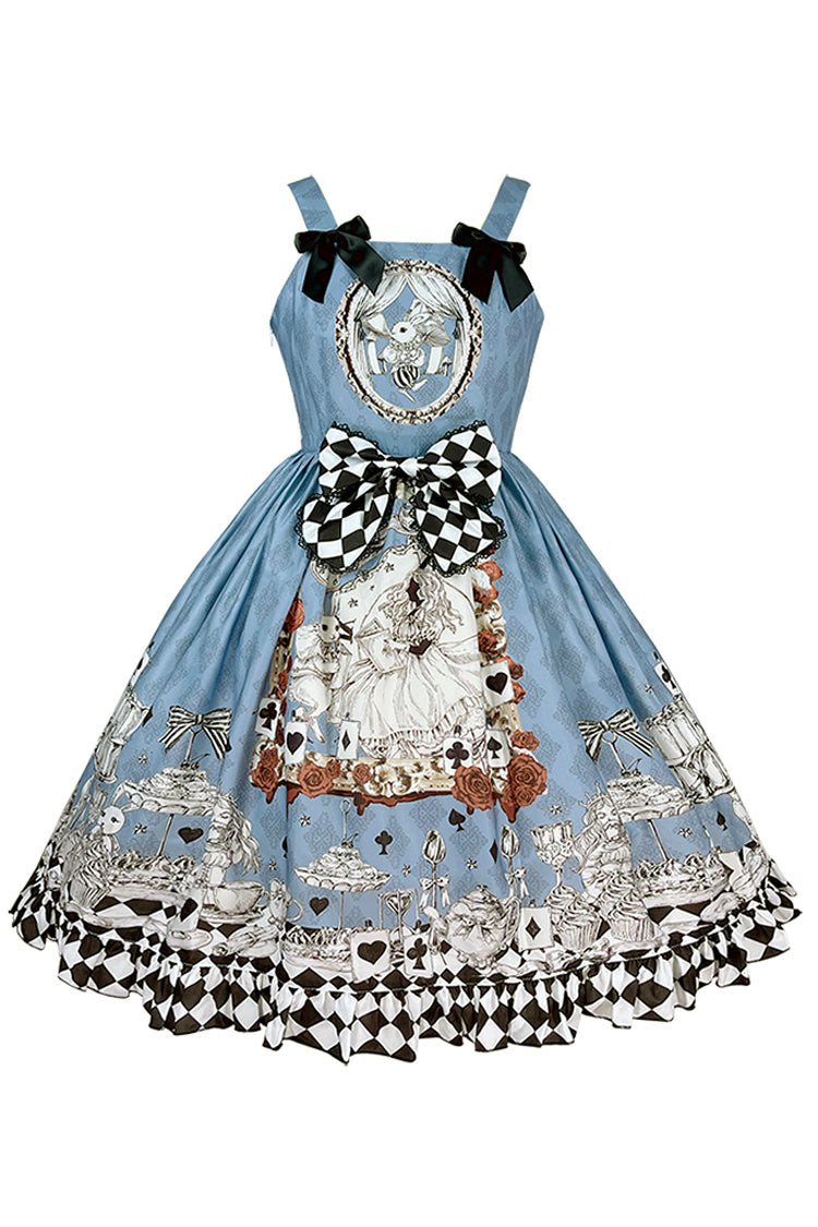 Multi-Color Blue Alice Bunny and Princess Party Print Sleeveless Bowknot Classic Gothic Lolita JSK Dress - Product - 2