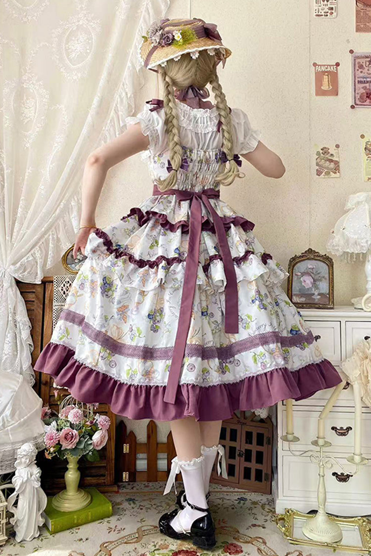 [Blueberry Early Summer] Sleeveless Triple-Layered Print Ruffle Bowknot Lace Sweet Lolita Jsk Dress 2 Colors - Product - 6