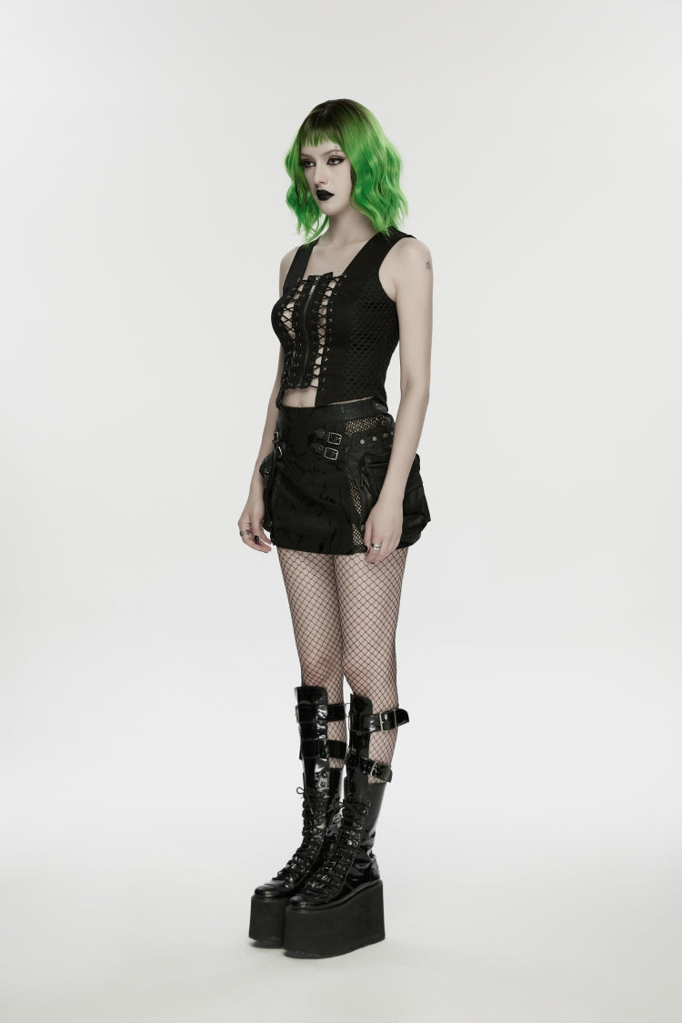 Black Off Shoulder Sleeveless Cut-Out Lace-Up Irregular Women's Punk Cool Vest - Product - 3
