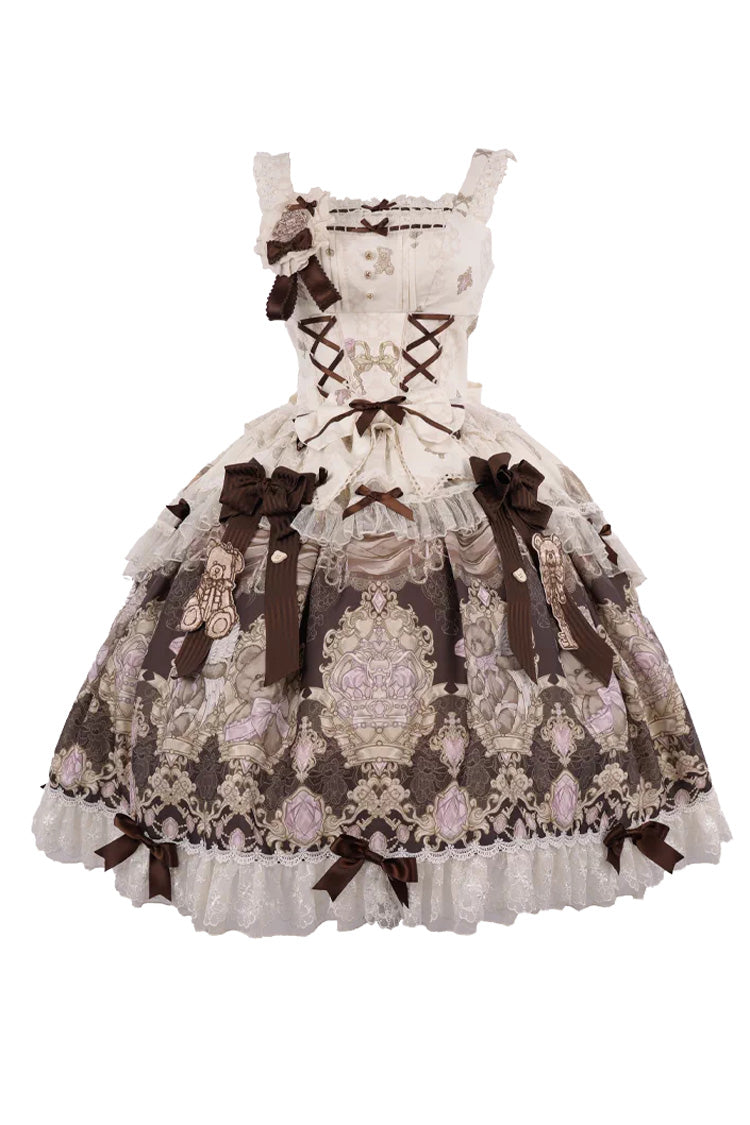 Brown [Antique Teddy Bear] Sleeveless Printed Bow Lace Sweet Elegant Lolita Jsk Dress - Product - 3