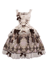 Brown [Antique Teddy Bear] Sleeveless Printed Bow Lace Sweet Elegant Lolita Jsk Dress - Product - 3