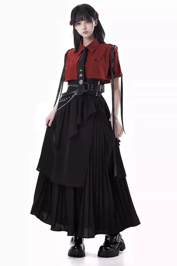 Red/Black [Moonlight Flowing] Long/Short Sleeves Ruffled Asymmetric Gothic Jirai Kei Skirt Set - Red/Black Long Skirt Set (Short-Sleeved) - 1