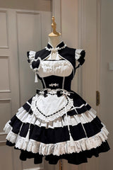 Black/White Multi-Layered Ruffle Sweet Chinese Style Maid Cheongsam Lolita Dress - Black/White - 1