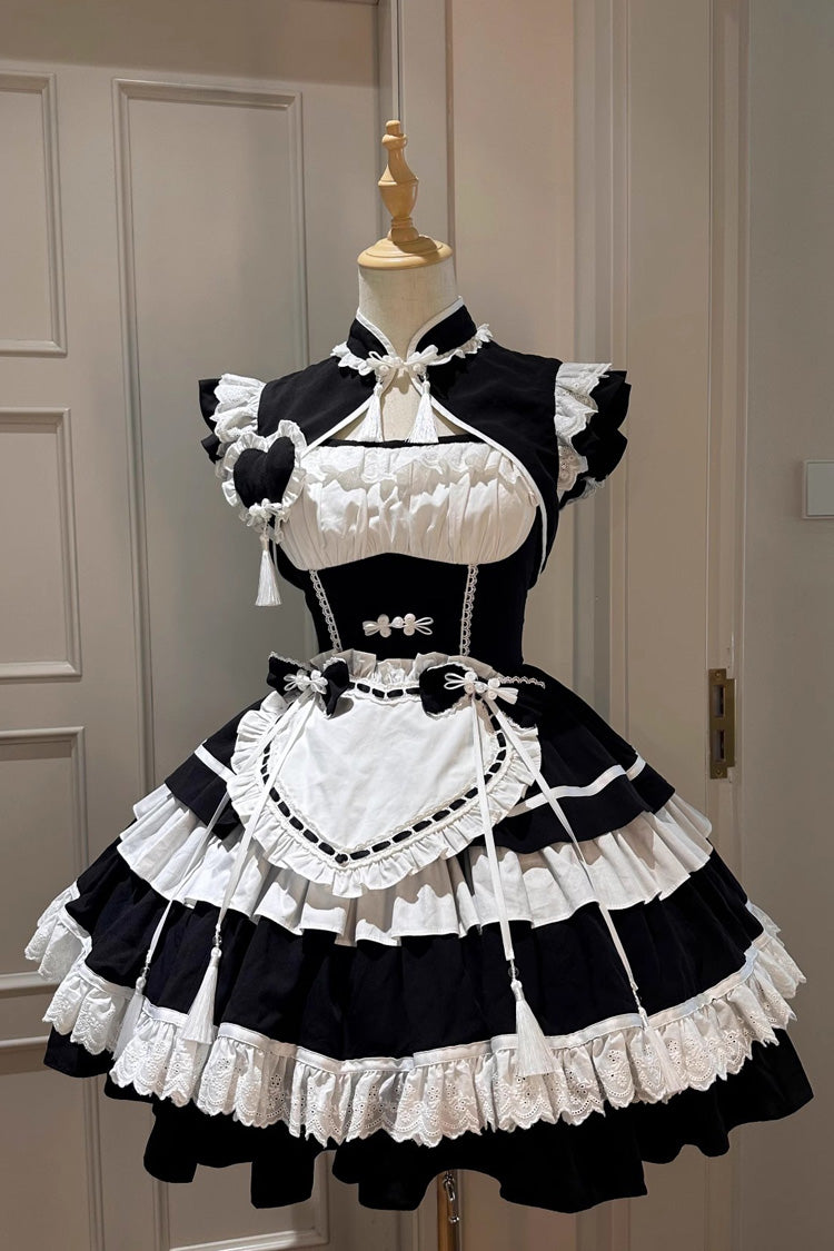 Black/White Multi-Layered Ruffle Sweet Chinese Style Maid Cheongsam Lolita Dress - Black/White - 1