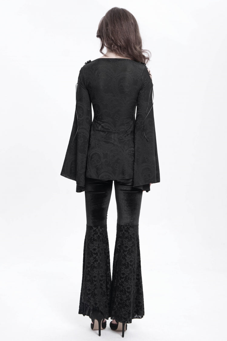Black Hollow Floral Embroidery Women's Gothic Flared Pants - Product - 9
