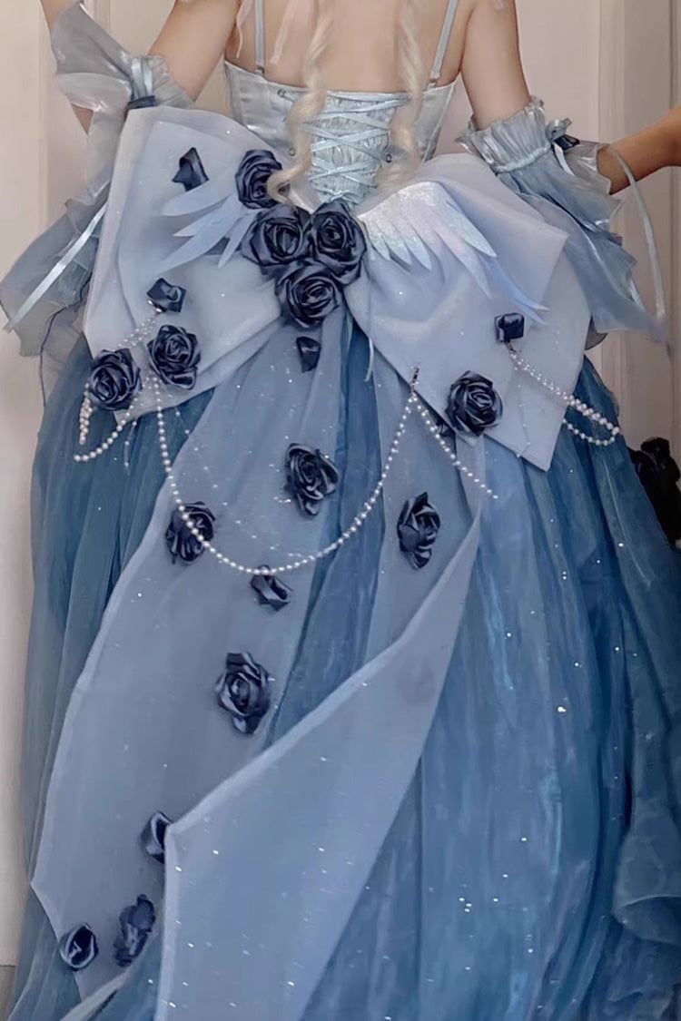 Sky Blue [Swan Wonderland] Embroidery Bowknot Lace-Up Short Front Long Back Irregular Sweet Ballet Lolita Jsk Dress - Product - 6