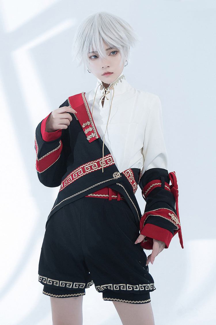 [Cangzhu] Stand Collar Long Sleeves Embroidered Asymmetric Classic Chinese Inspired Vintage Ouji Lolita Shorts Set - Black/Red/White(Set) - 1