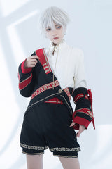 [Cangzhu] Stand Collar Long Sleeves Embroidered Asymmetric Classic Chinese Inspired Vintage Ouji Lolita Shorts Set - Black/Red/White(Set) - 1