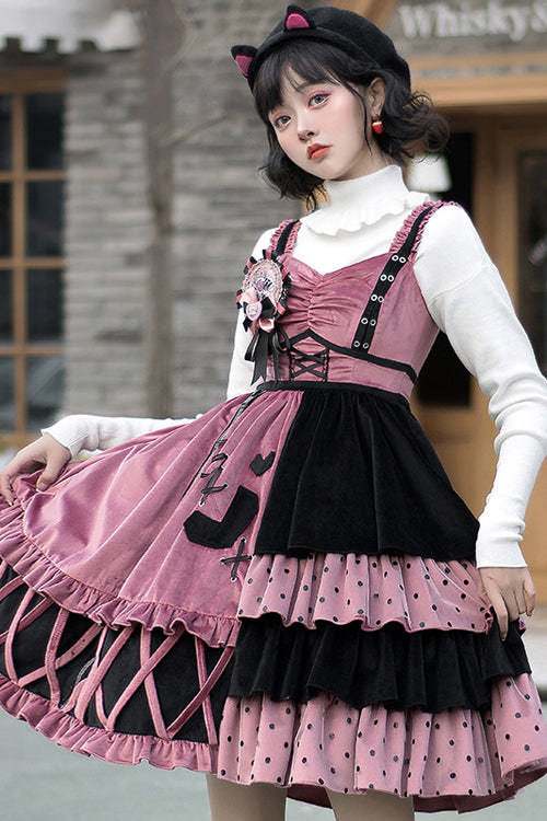 Pink/Black Vintage Stitching Strawberry Sweet Lolita JSK Dress - Product - 3