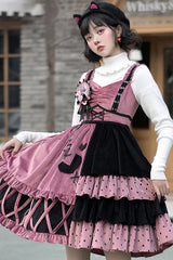 Pink/Black Vintage Stitching Strawberry Sweet Lolita JSK Dress - Product - 3