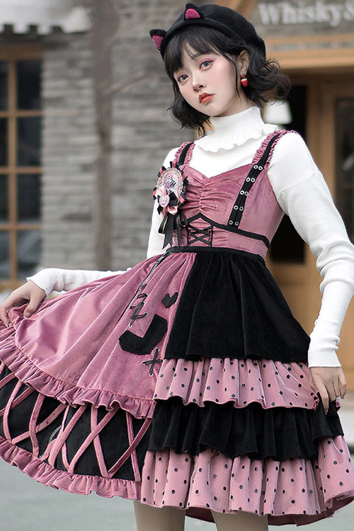 Pink/Black Vintage Stitching Strawberry Sweet Lolita JSK Dress - Product - 3