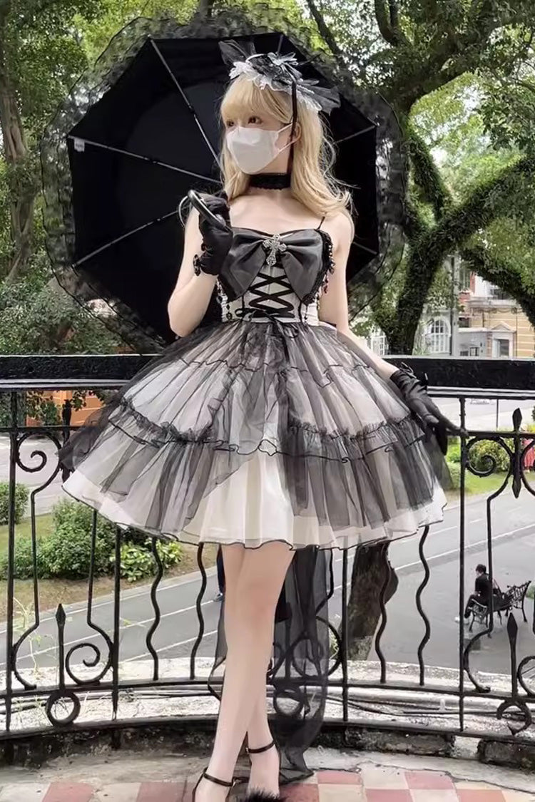 Black/White Ruffle Hanayome Lace Lace-Up Gothic Plus Size Lolita Jsk Dress (Short Version) - Black/White - 1