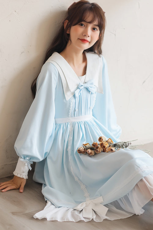 Lapel Collar Lantern Sleeves High Waisted With Bow Sweet Lolita OP Dress - Product - 5