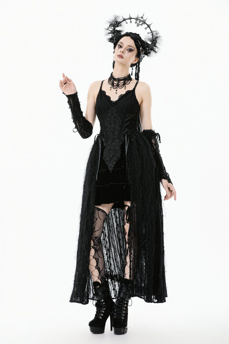 Black Sleeveless Floral Embroidered Lace Lace-Up Women's Gothic Slip Dress Wedding Dress - Product - 10