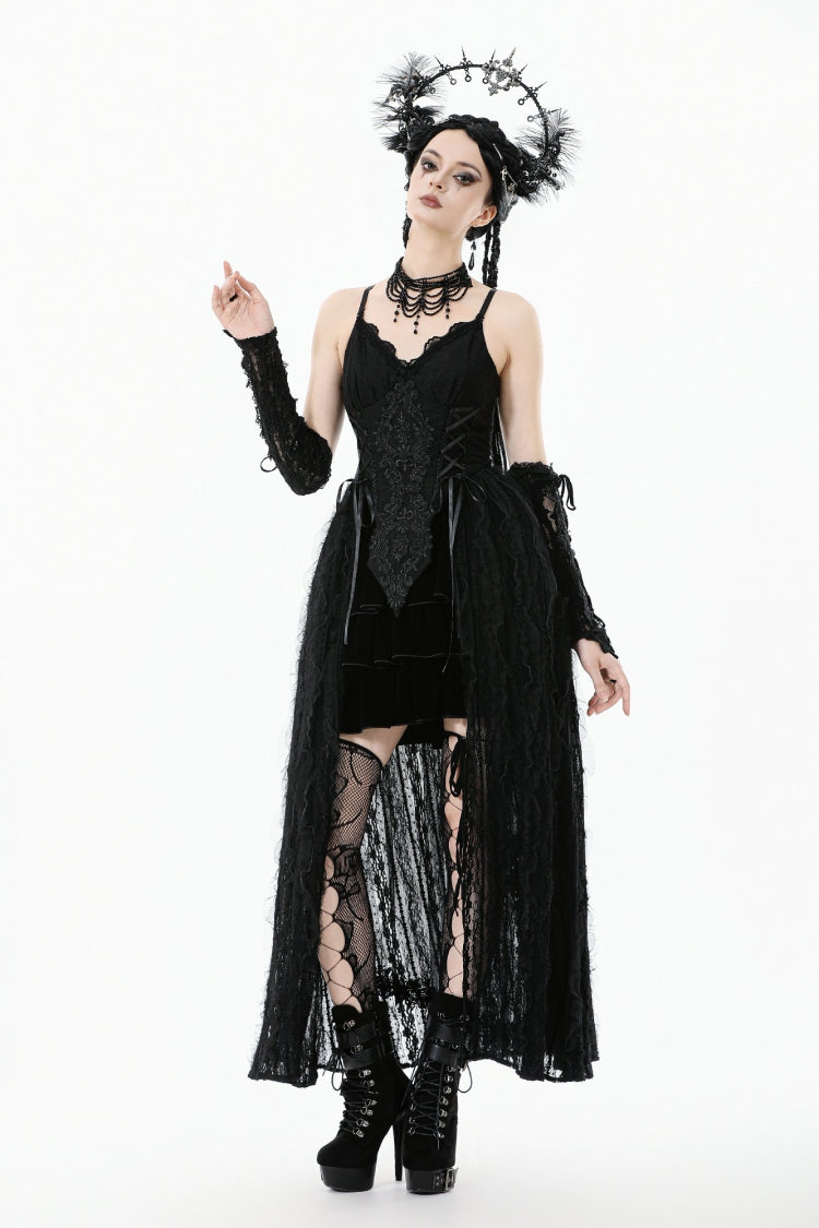 Black Sleeveless Floral Embroidered Lace Lace-Up Women's Gothic Slip Dress Wedding Dress - Product - 10