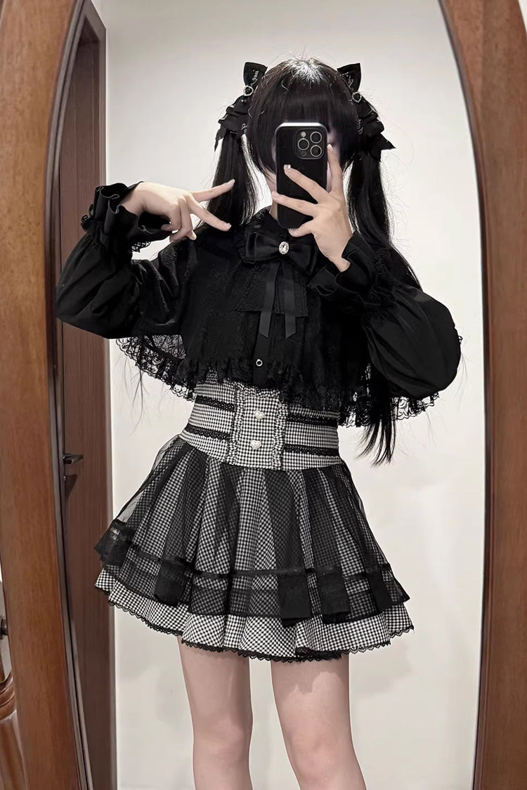 [Law of Disorder] Lapel Collar Long Sleeves Bow Lace Sweet Jirai Kei Skirt and Top 3 Colors - Skirt(Plaid) - 2