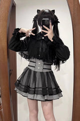 [Law of Disorder] Lapel Collar Long Sleeves Bow Lace Sweet Jirai Kei Skirt and Top 3 Colors - Skirt(Plaid) - 2
