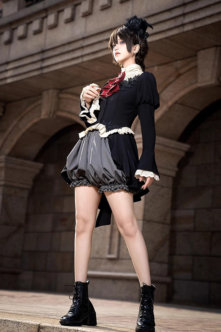 Black [Eternal Night Feast] Long Sleeves Gothic Prince Handsome Ouji Lolita Tailcoat Top and Shorts Set - Product - 2